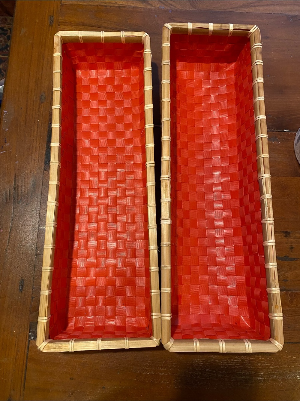 Red Woven Basket/Tray Set - Natural Bamboo Rim